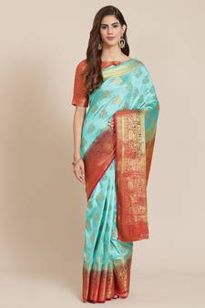 Light blue printed banarasi silk saree with blouse