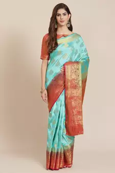 Light blue printed banarasi silk saree with blouse