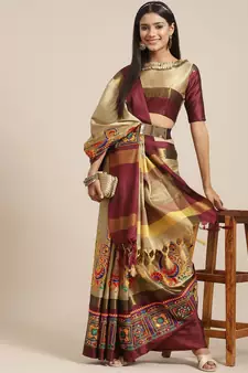 Beige embroidered cotton silk saree with blouse