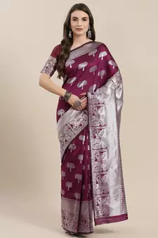 Purple woven banarasi silk saree with blouse