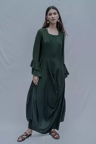 Asymetric Dress In Bottle Green