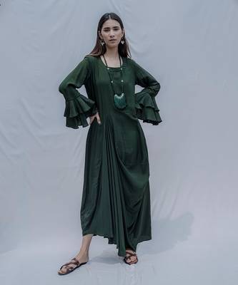 Asymetric Dress In Bottle Green 3