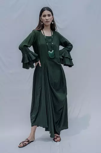 Asymetric Dress In Bottle Green