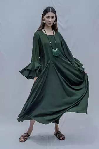Asymetric Dress In Bottle Green