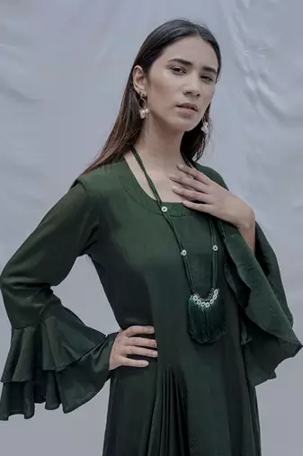 Asymetric Dress In Bottle Green