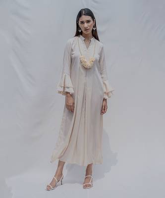 Front Pleated Dress With Bell Sleeves In Off-White 1