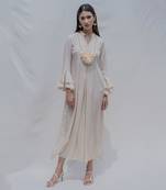Front Pleated Dress With Bell Sleeves In Off-White