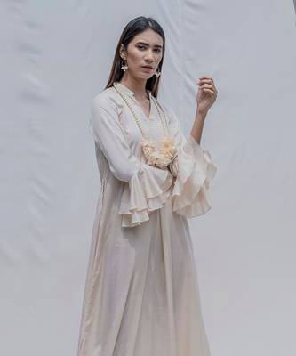 Front Pleated Dress With Bell Sleeves In Off-White 2