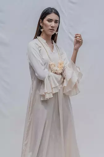 Front Pleated Dress With Bell Sleeves In Off-White