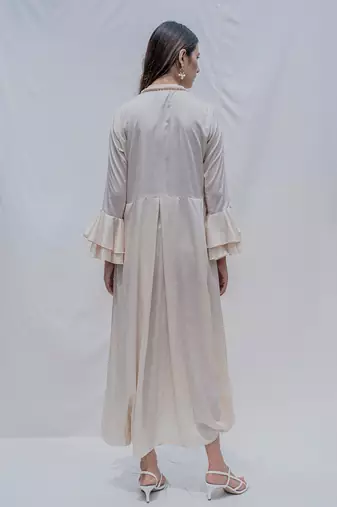 Front Pleated Dress With Bell Sleeves In Off-White
