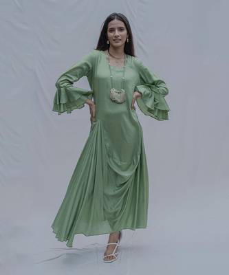 Front Pleated Dress With Bell Sleeves In Light Green 1