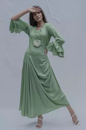 Front Pleated Dress With Bell Sleeves In Light Green