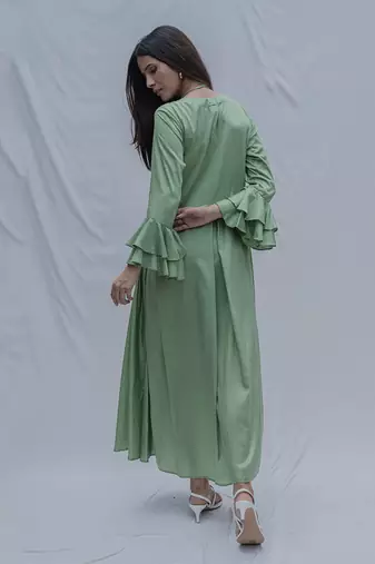 Front Pleated Dress With Bell Sleeves In Light Green