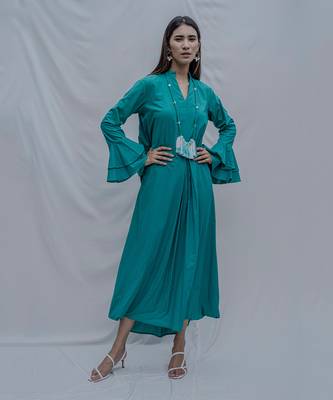 Front Pleated Dress With Bell Sleeves In Turquoise 1