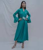 Front Pleated Dress With Bell Sleeves In Turquoise