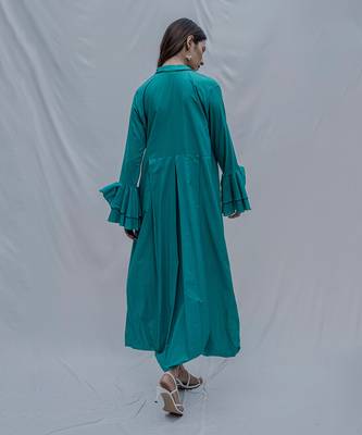 Front Pleated Dress With Bell Sleeves In Turquoise 2