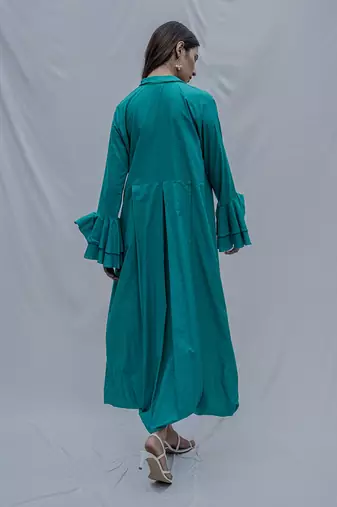 Front Pleated Dress With Bell Sleeves In Turquoise