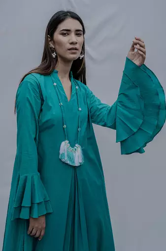 Front Pleated Dress With Bell Sleeves In Turquoise