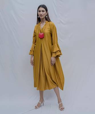 Front Pleated Dress With Bell Sleeves In Mustard 1