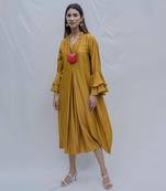Front Pleated Dress With Bell Sleeves In Mustard