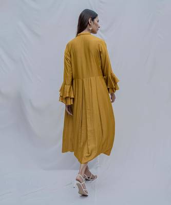 Front Pleated Dress With Bell Sleeves In Mustard 2