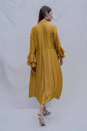Front Pleated Dress With Bell Sleeves In Mustard
