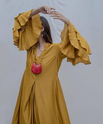 Front Pleated Dress With Bell Sleeves In Mustard 3