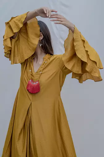 Front Pleated Dress With Bell Sleeves In Mustard