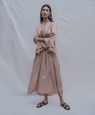 Front Pleated Dress With Bell Sleeves In Rose Gold 1