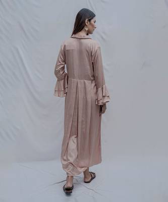 Front Pleated Dress With Bell Sleeves In Rose Gold 2