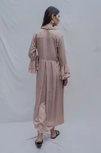 Front Pleated Dress With Bell Sleeves In Rose Gold