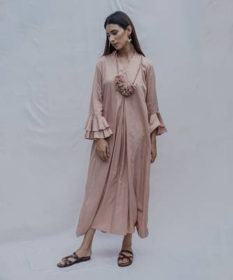 Front Pleated Dress With Bell Sleeves In Rose Gold 3