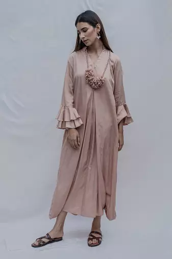 Front Pleated Dress With Bell Sleeves In Rose Gold