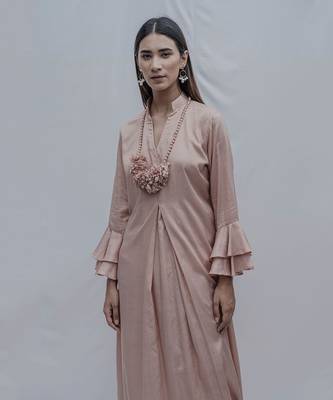 Front Pleated Dress With Bell Sleeves In Rose Gold 4