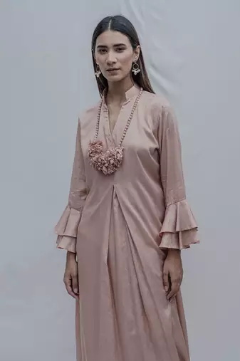 Front Pleated Dress With Bell Sleeves In Rose Gold