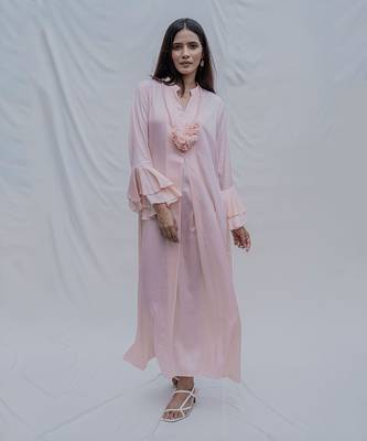 Front Pleated Dress With Bell Sleeves In Peach 1