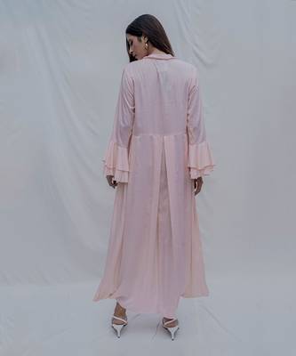 Front Pleated Dress With Bell Sleeves In Peach 2