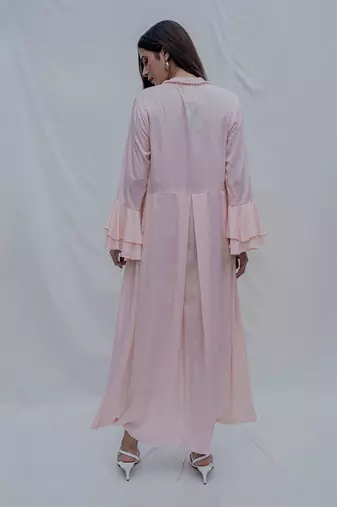 Front Pleated Dress With Bell Sleeves In Peach
