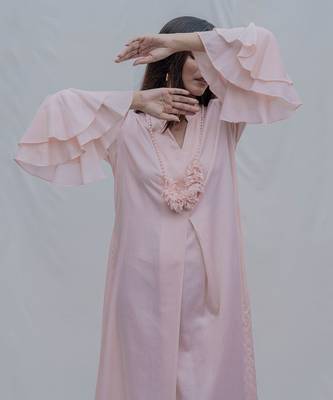 Front Pleated Dress With Bell Sleeves In Peach 3