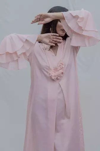 Front Pleated Dress With Bell Sleeves In Peach