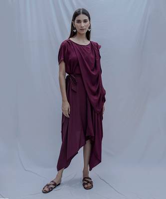 Jess Overlap Asymmetric Dress In Wine 1