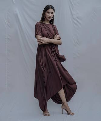 Jess Overlap Asymmetric Dress In Brown 2