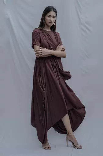 Jess Overlap Asymmetric Dress In Brown