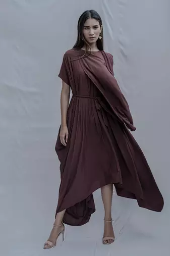 Jess Overlap Asymmetric Dress In Brown