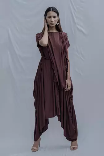 Jess Overlap Asymmetric Dress In Brown