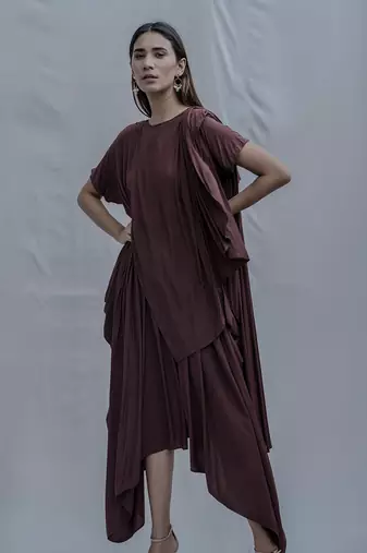 Jess Overlap Asymmetric Dress In Brown