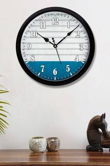 Minimal Grey Striped Blue Modern Stylish Wall Clock (Round 12 Inch Ticking Movement Black Frame(ClockBL2P157)