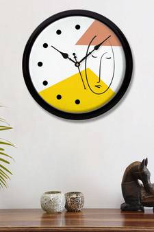 Abstract one line face peach yellow and white face Modern Stylish Wall Clock 12 Inch Black FrameBL2P168)