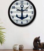 Navy Blue Anchor Grey white Striped Modern Stylish Wall Clock (Round 12 Inch Ticking Movement Black Frame