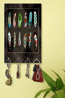 key stand holder wall mount hanger organizer Feathers Print Animals (MDF7.5X12 InchMulti)P031